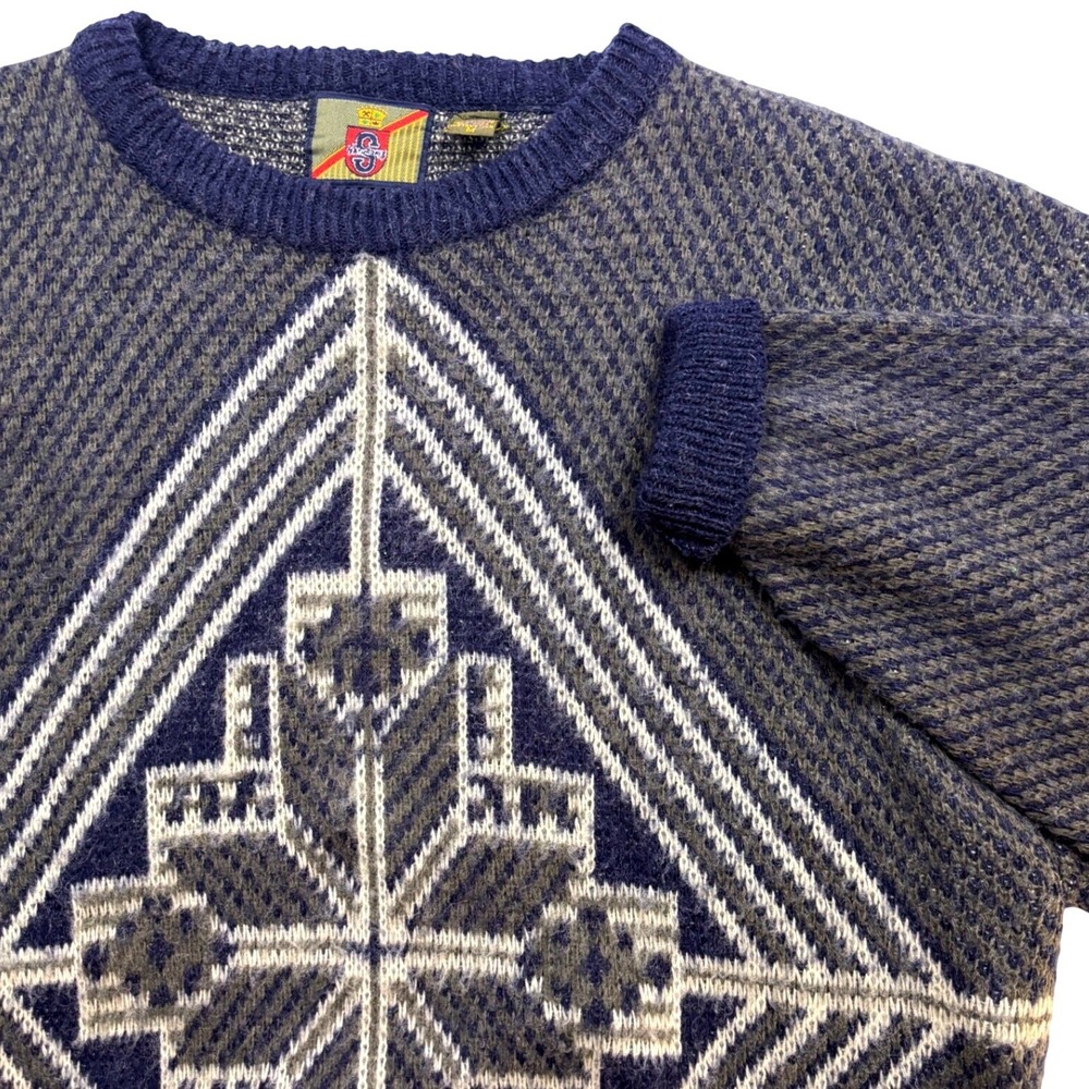 Stefanel Vintage Mens Blue Grey Geometric Diamond Wool Blend Crewneck Sweater M